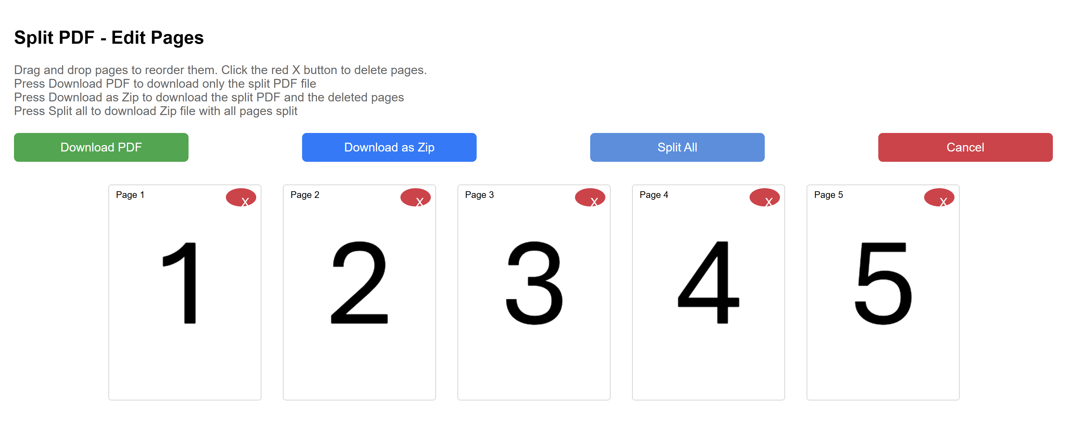Screenshot of the PDF Splitter main screen showing page thumbnails, reorder functionality, and control buttons.